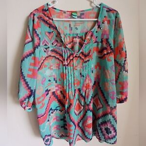 Vintage Pssst Boho Teal Blouse Size 1X Pleated Sheer